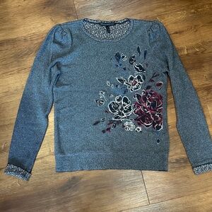 White House Black Market Gray Floral Sweater